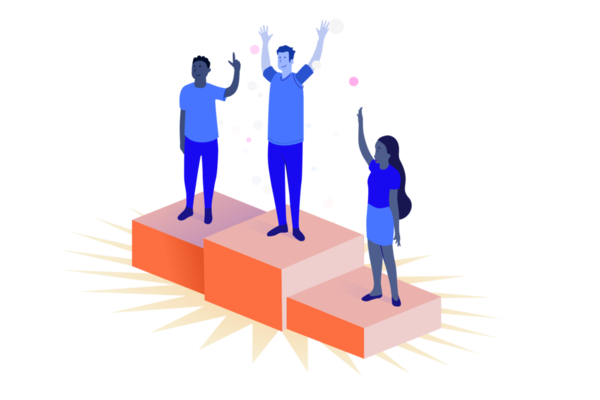 Illustration of three people standing on a podium