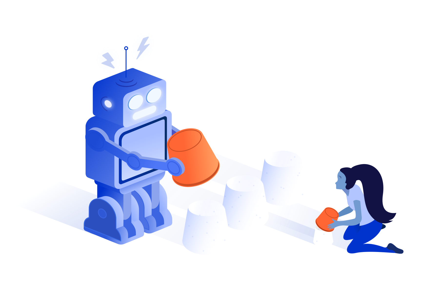 Atlassian tips and tricks robot and girl illustration