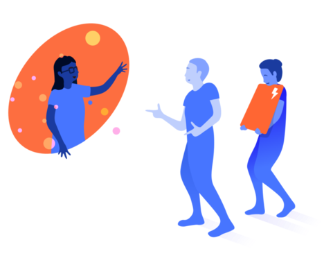 An illustration of a person in a portal waving at two other people