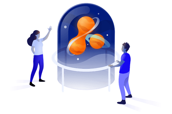 Illustration of two people marvelling at an Adaptavist planetarium in a glass dome