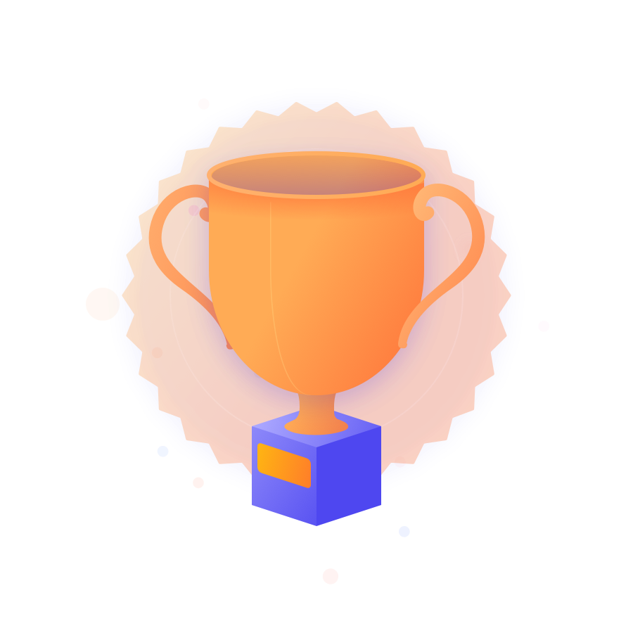 A cartoon trophy cup with a translucent award badge background, surrounded by decorative speckles